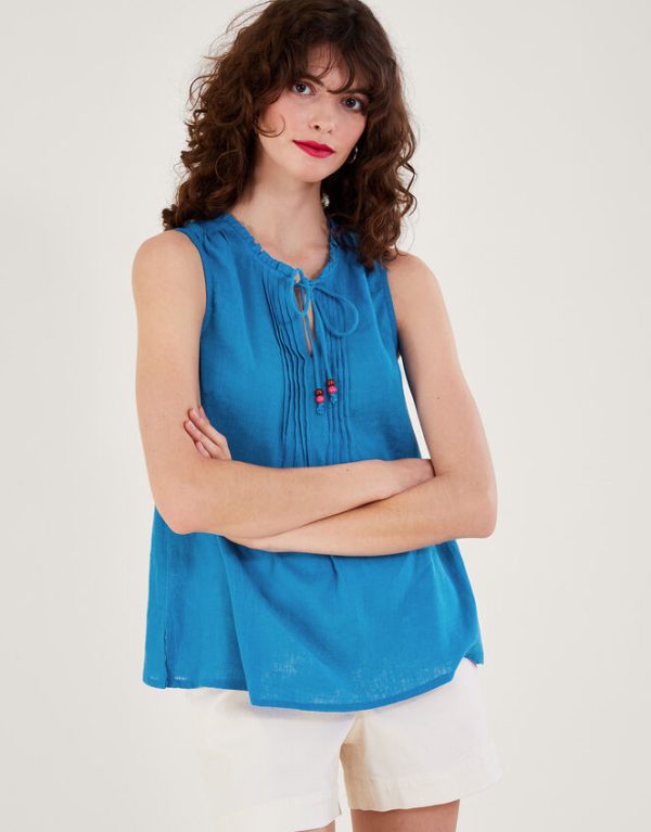 Monsoon Long Line Tank Top in Linen Blend Blue