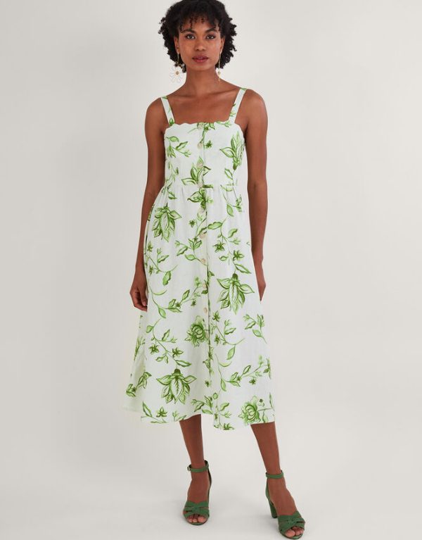 Monsoon Kai Floral Print Dress in Linen Blend Ivory