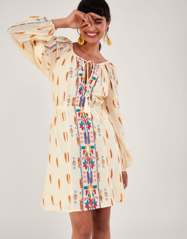 Monsoon Aztec Print and Embroidered Short Dress Ivory