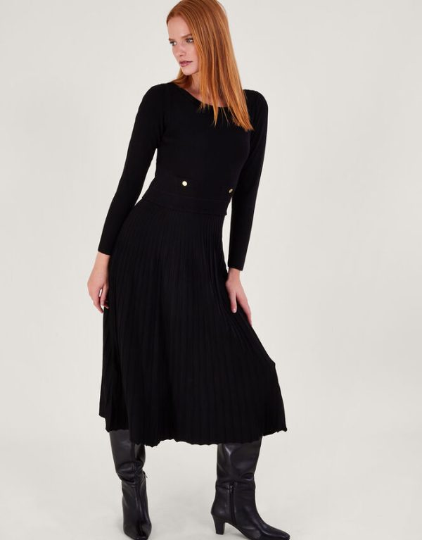 Monsoon Pleat Trim Slash Neck Midi Dress with Lenzing™ Ecovero™Black