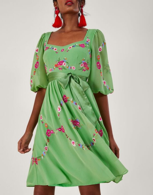 Monsoon Emelia Floral Embroidered Dress in Recycled Polyester Green