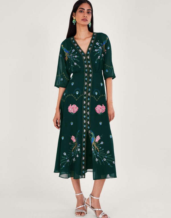 Monsoon Perla Embellished Tea Dress Green