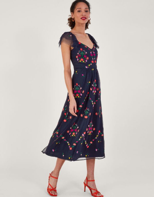 Monsoon Bonnie Floral Embroidered Tea Dress Blue