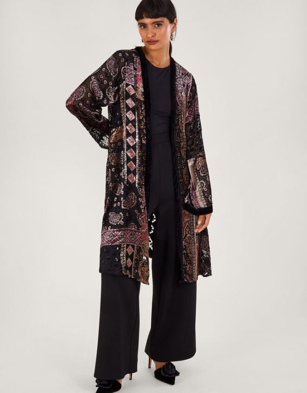 Monsoon Dahlia Velvet Kimono Black