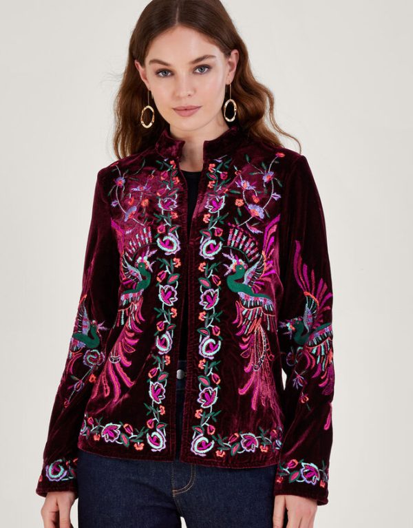 Monsoon Verina Embroidered Velvet Jacket Red