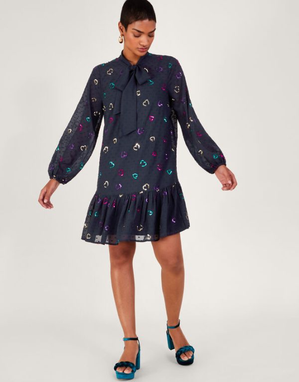 Monsoon Hope Heart Sequin Dress Blue