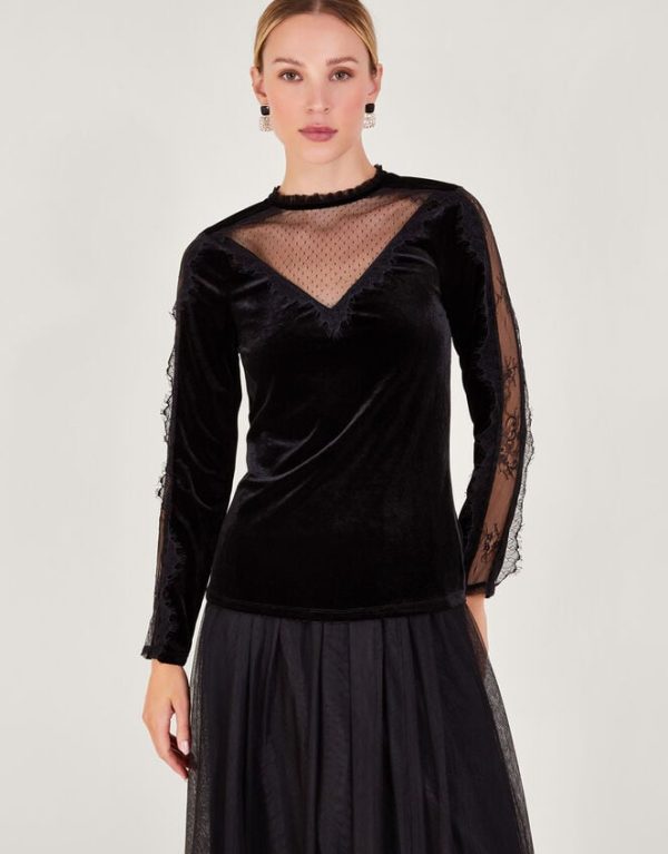 Monsoon Vanya Lacy Velvet Long Sleeve Top Black