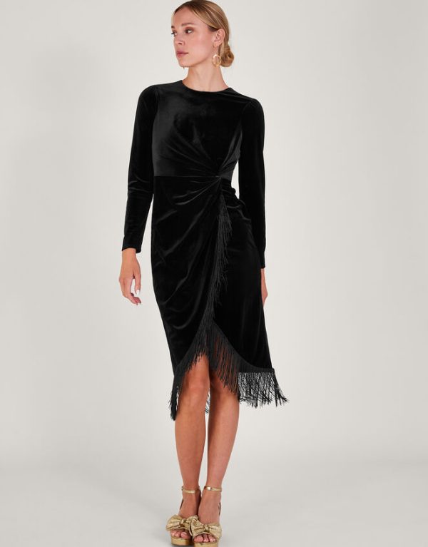 Monsoon Flossie Velvet Fringe Dress Black