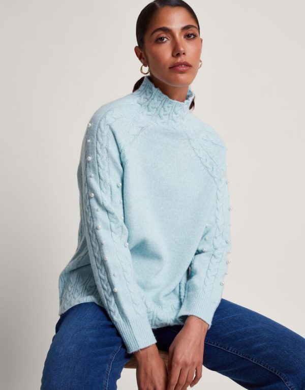 Monsoon Pearl High Neck Cable Knit Jumper Blue