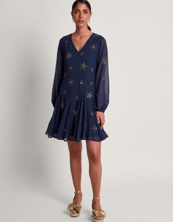 Monsoon Selena Star Embellished Dress Blue