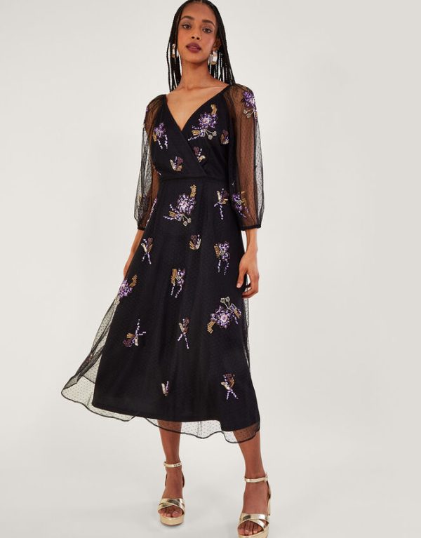 Monsoon Eloise Embellished Tea Dress Black