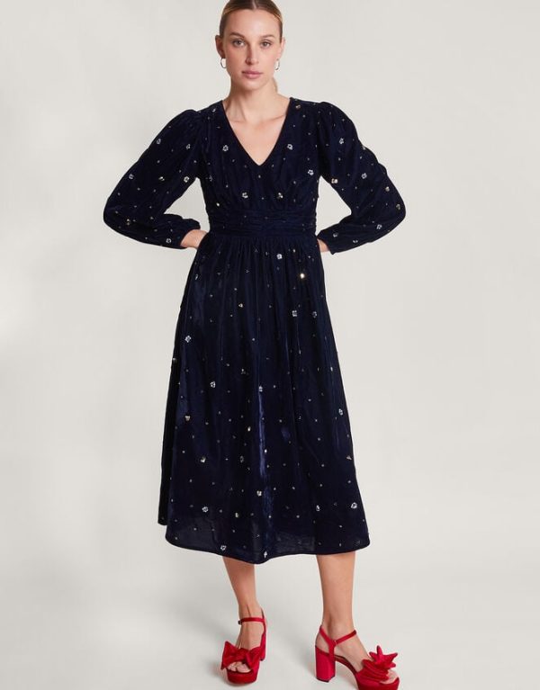 Monsoon Dakota Embellished Velvet Dress Blue