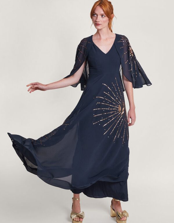 Monsoon Ella Embellished Cape Dress Blue