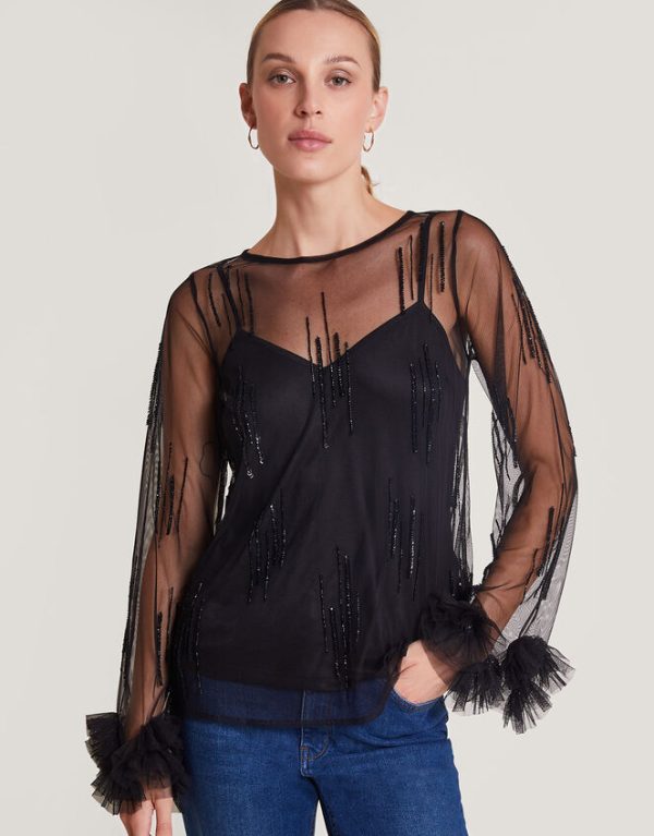 Monsoon Carmen Sheer Sequin Corsage Top Black