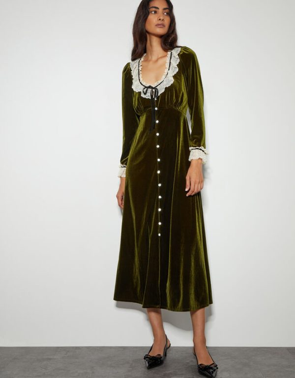 Monsoon Vali Velvet Tea Dress Green