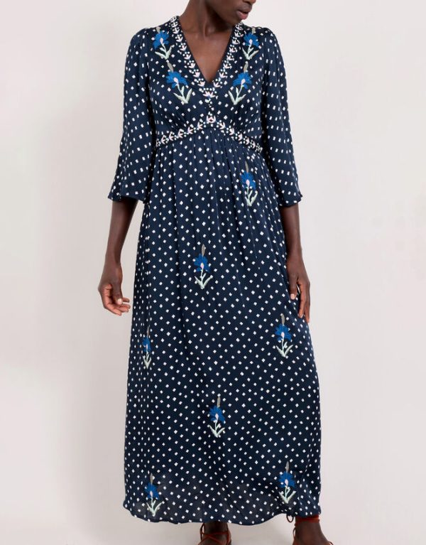 Monsoon East Embroidered Satin Dress Blue - Image 2