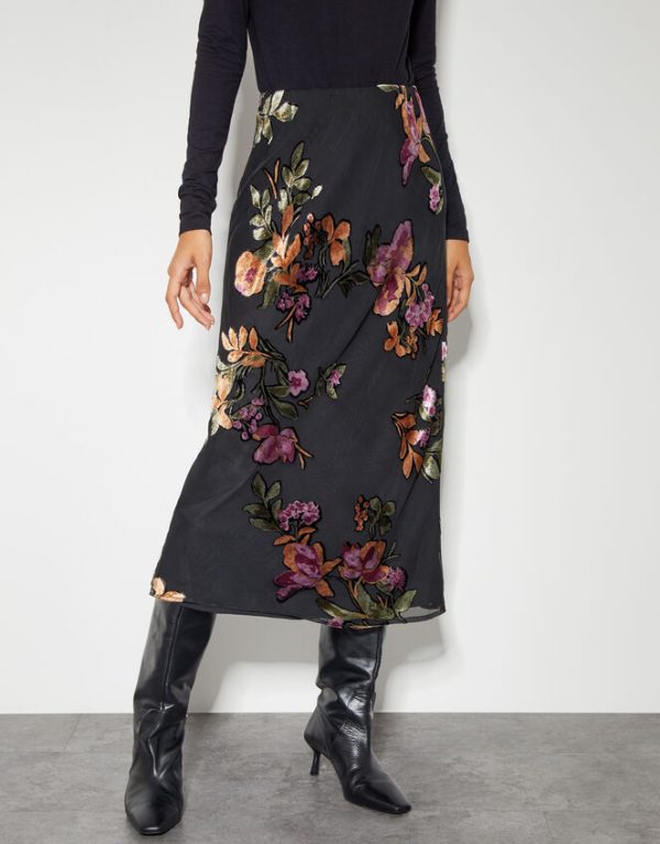 Monsoon Ariella Floral Devore Midi Skirt Black - Image 2