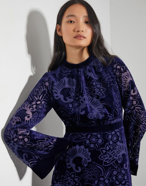 Monsoon Eva Floral Velvet Midi Dress Blue - Image 2