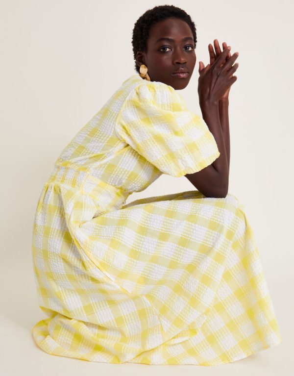 Monsoon Zola Gingham Short Sleeve Midi Dress Yellow - Image 2