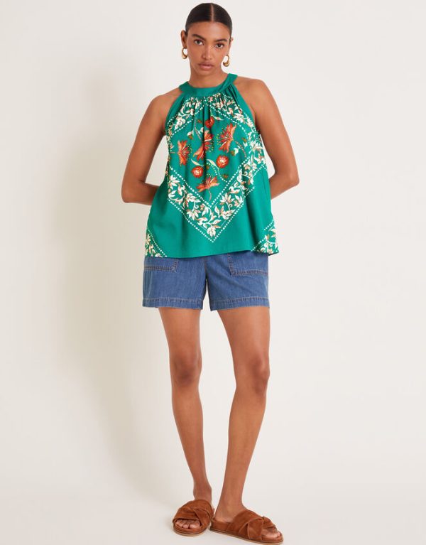 Monsoon Mila Scarf Print Halter Top Teal - Image 2