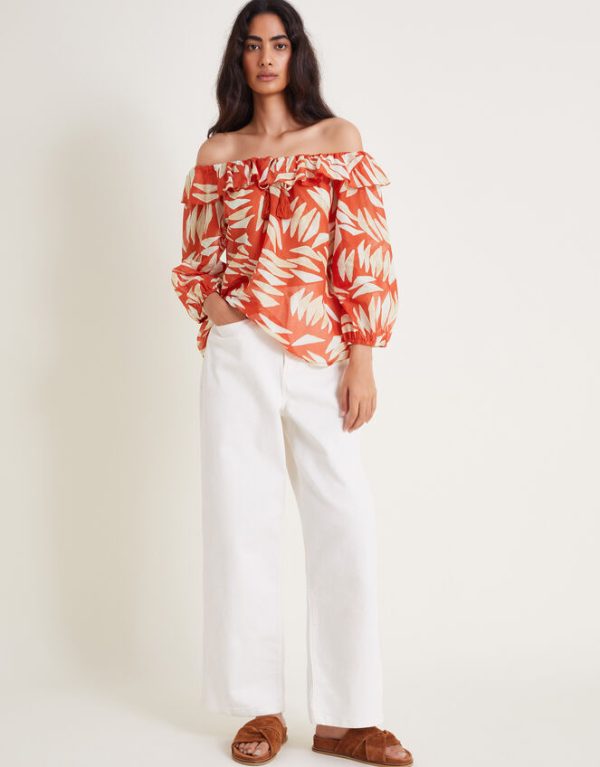 Monsoon Shelly Ruffle Bardot Top Orange - Image 2