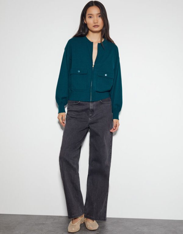 Monsoon Nora Knit Bomber Jacket Teal - Image 2