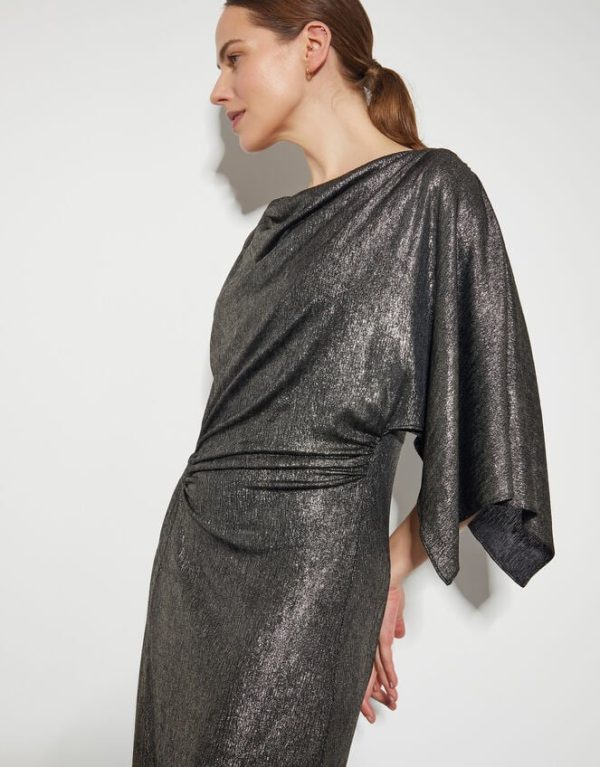 Monsoon Mila Drape Metallic Jersey Midi Dress Gold - Image 2