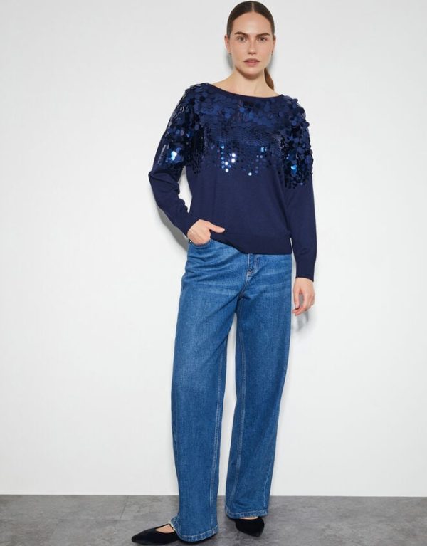 Monsoon Sabine Boat Neck Sequin Jumper Blue - Image 2