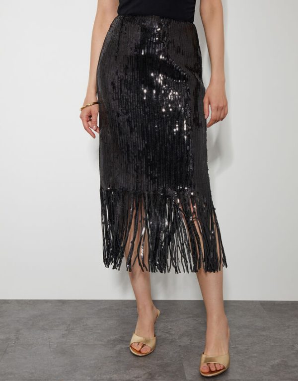 Monsoon Shay Sequin Tassel Pencil Skirt Black - Image 2