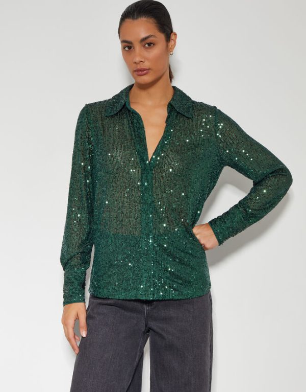 Monsoon Shonda Sheer Sequin Shirt Green - Image 2