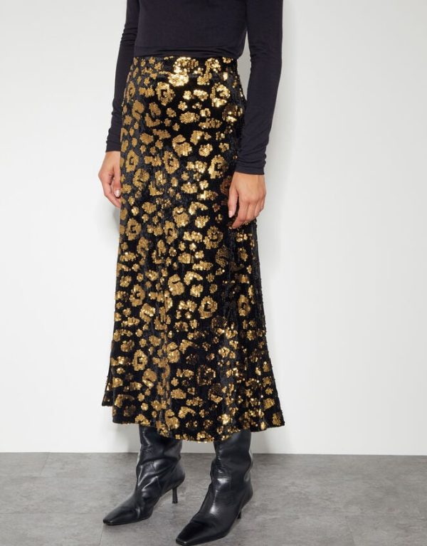 Monsoon Arwen Sequin Leopard Velvet Midi Skirt Black - Image 2