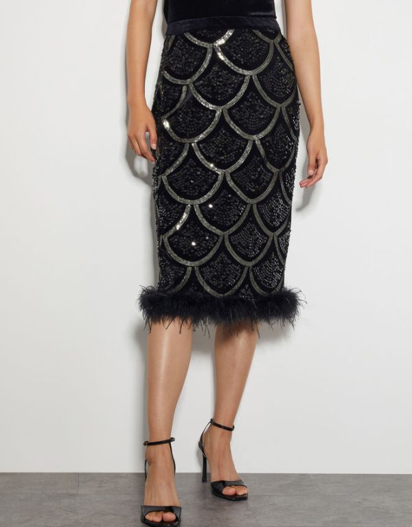 Monsoon Sira Sequin Feather Pencil Skirt Black - Image 2