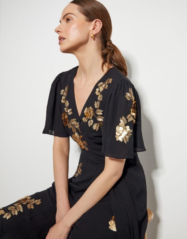 Monsoon Sarah Sequin Floral Midi Wrap Dress Black - Image 2