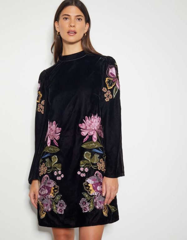 Monsoon Freya Embroidered Velvet Tunic Dress Black - Image 2