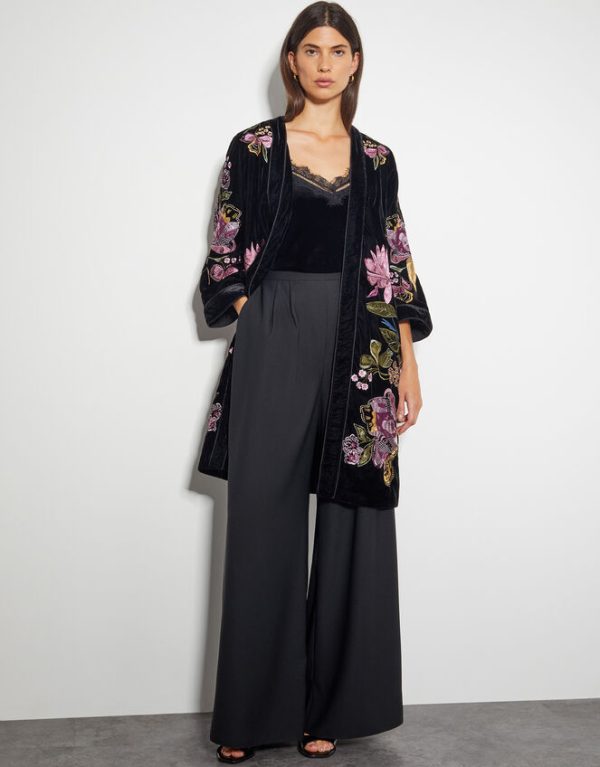 Monsoon Freya Velvet Embroidered Kimono Black - Image 2