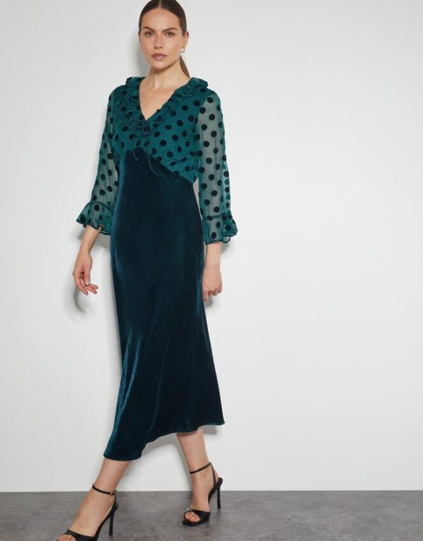 Monsoon Dora Polka Dot Velvet Midi Dress Teal - Image 2