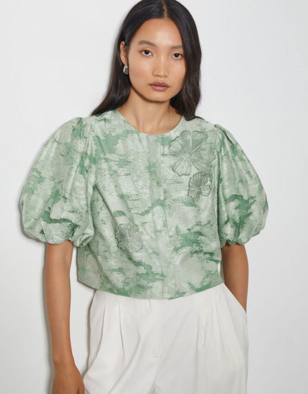 Monsoon Josie Puff Sleeve Floral Jacquard Top Green - Image 2