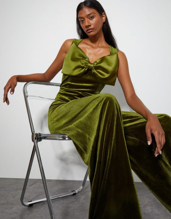 Monsoon Monsoon x Sarah Corbett-Winder Satin Bow Velvet Jumpsuit Green - Image 2