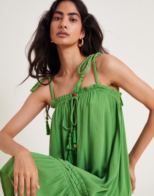 Monsoon Cassie Tie Strap Frill Mini Dress Green - Image 2