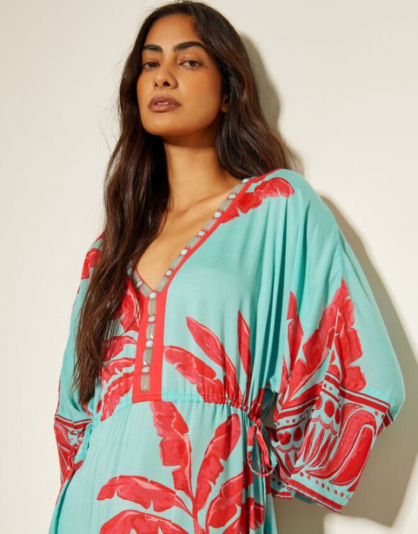 Monsoon Pamela Palm Print Kaftan Dress Green - Image 2