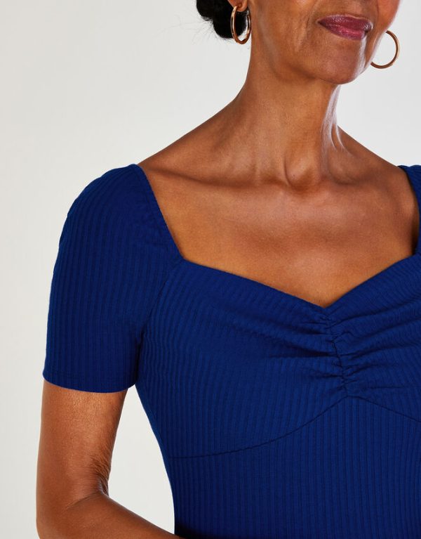 Monsoon Ribbed Sweetheart Midi Jersey Dress Blue - Image 2