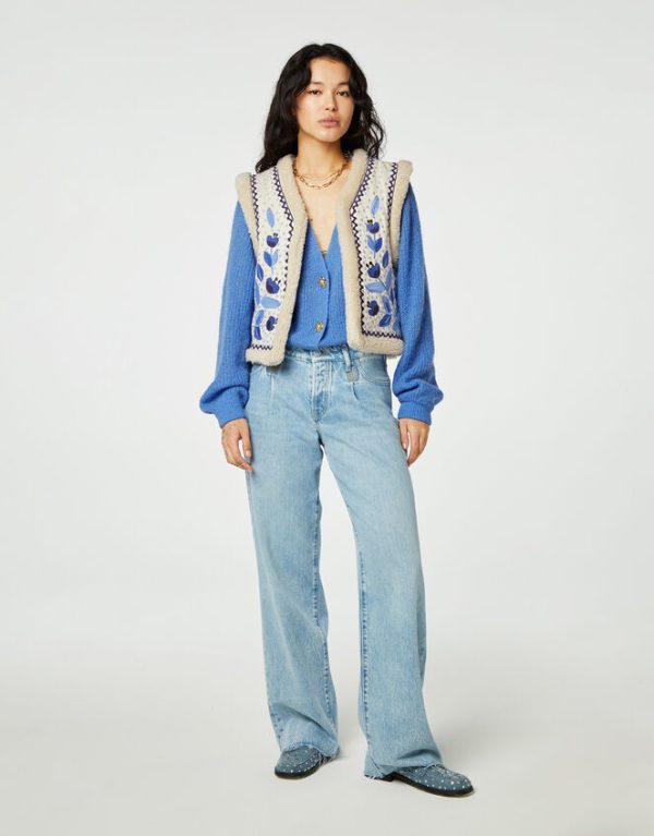 Monsoon Fabienne Chapot Embroidered Borg Gilet Blue - Image 3