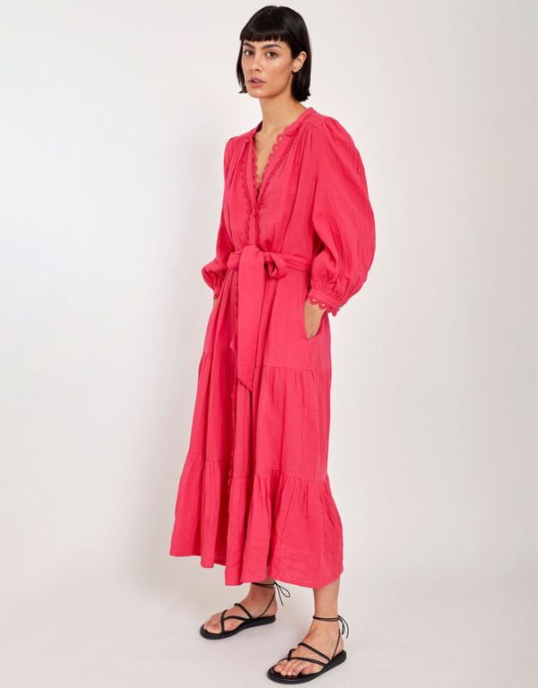 Monsoon East Tie Waist Tiered Dress Pink - Image 3