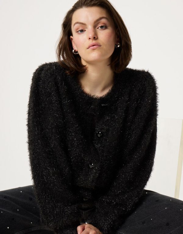 Monsoon Fabienne Chapot Metallic Fluffy Cardigan Black - Image 2