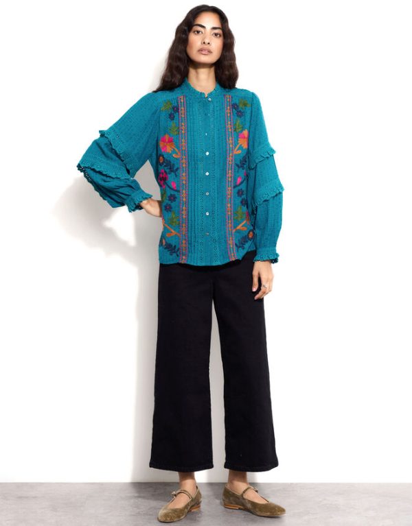 Monsoon East Embroidered Ruffle Sleeve Blouse Green - Image 3