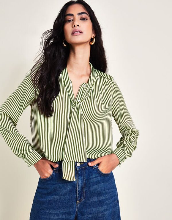 Monsoon Sasha Stripe Satin Blouse Green - Image 2