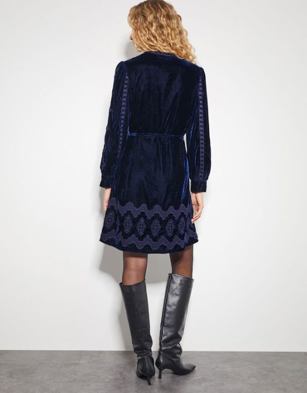 Monsoon Ivy Embroidered Velvet Mini Dress Blue - Image 3