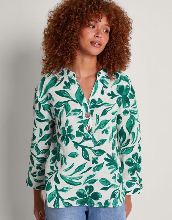 Monsoon Naomi Print Linen Blouse Green - Image 2