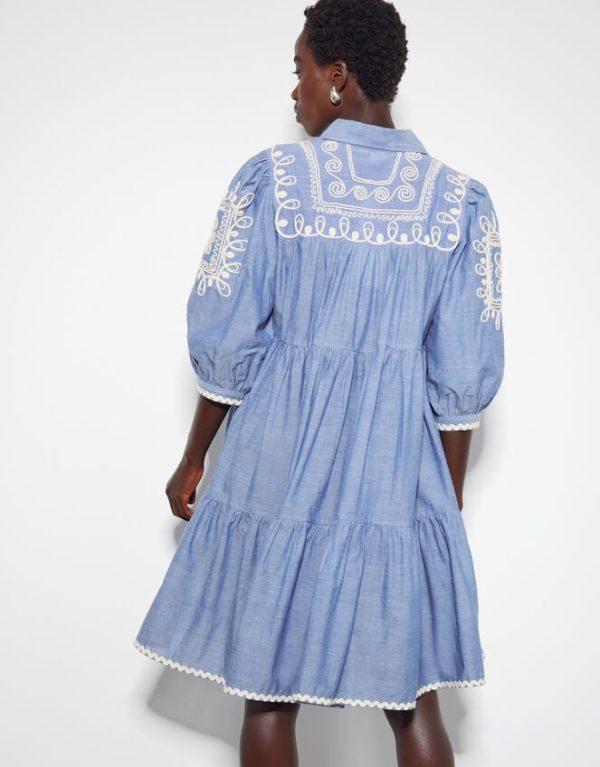 Monsoon Damia Embroidered Chambray Mini Shirt Dress Blue - Image 3