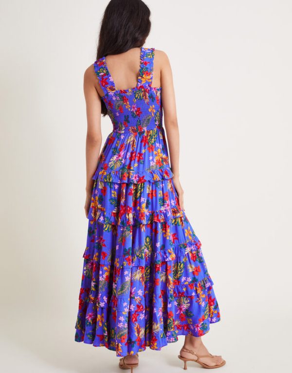 Monsoon Miley Floral Smocked Ruffle Maxi Dress Blue - Image 3